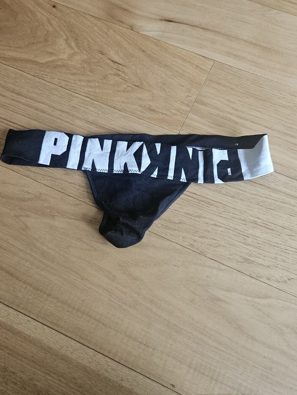 Pink Black Thong with White Branded Waistband